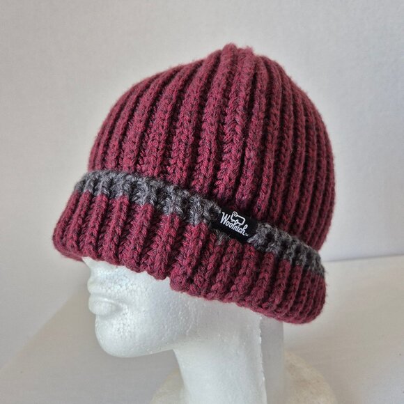 Woolrich Wool Blend Ribbed Knit Fold Cuff Winter Beanie Red Grey Unisex - Picture 1 of 9